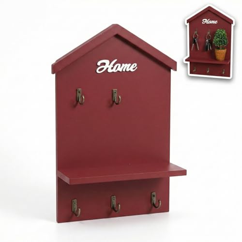 12.2x7.9 inch Key Holder Wall Mount - Wooden House Decor Key Rack with Shelf, 5 Key Hooks for Wall - Entryway Organizer (Red)
