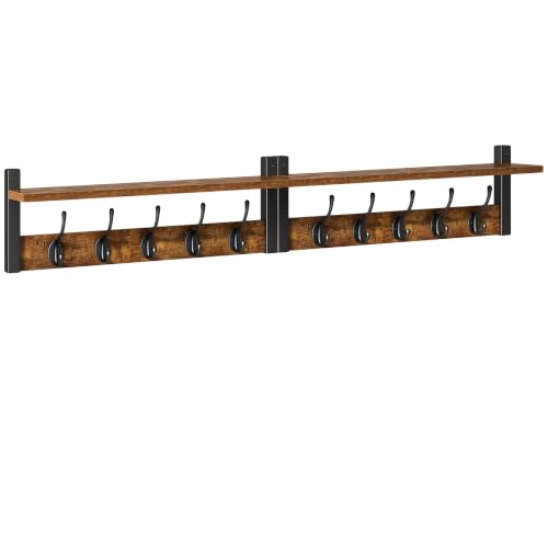 47.2" Coat Rack Wall Mount with Shelf and 10 Hooks, Rustic Brown UHWS004H-2 | 2 Pack Coat Hooks Wall Mount, Wood Wall Mounted Coat Rack with Hooks, Coat Hanger Wall Mount, Wall Hooks for Hanging - color: Rustic Brown