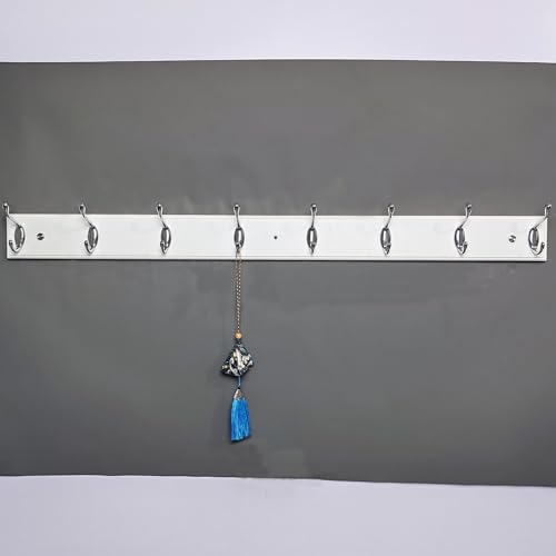 Wooden Wall Mounted Coat Rack 35 inch (90cm) with 8 Silver Hooks, Lang Wood White Coat Hook for Entrance, Hallway, Bedroom, Wall Clothes Hanger - size: Long-35.4in(90cm),8 Silver Hooks, style: Modern