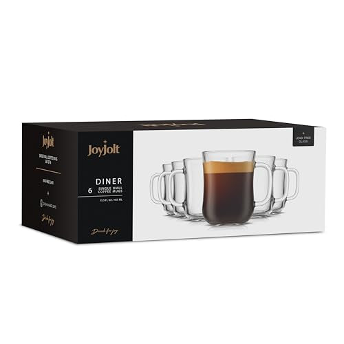 JoyJolt Glass Coffee Cups - 15.5oz Diner Mugs Set of 6. Bar Accessories, Cafe Style Clear Mug, Cappuccino, Latte, Tea Cup, Large Espresso Glasses - size: Set of 6