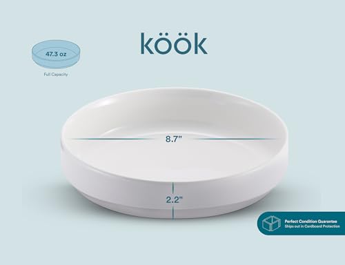 KooK Pasta Bowl, Bowl Plate, Low Bowl, Plate Bowls, Ceramic Large Shallow Bowls, Microwave and Dishwasher Safe, Great for Soups and Salads, Glossy Porcelain, 47 oz, Set of 4, White - color: White