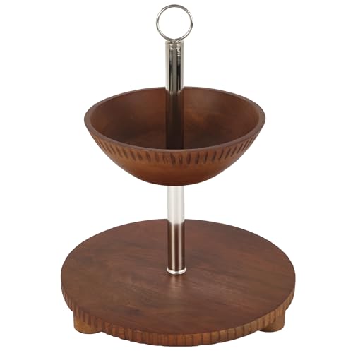 Gourmet Basics by Mikasa Hamden Mango Wood 2-Tier Serving Fruit Basket and Platter – Kitchen Countertop and Buffet Table Stand for Elegant Fruit Display
