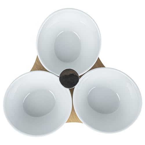 Restaurantware-15 Ounce Bowl Set with Tray - 1 Dishwashable Serving Set, Includes 3 Porcelain Bowls And 1 Bamboo Tray, Durable, White Porcelain And Bamboo Bowl And Platter Kit, Reusable, Freezable - size: Triple set, style: Incline