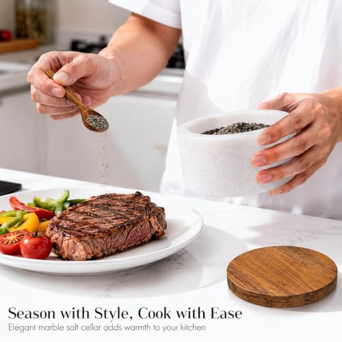 Marble Salt Cellar with Lid & Spoon, Salt Container, Salt Holder | Acacia Wood Lid, Wide Base with Non-Skid Feet, Moisture Proof Spice Cellars Keeps Salt, Pepper & Spices Dry, 6 oz (White) - color: White