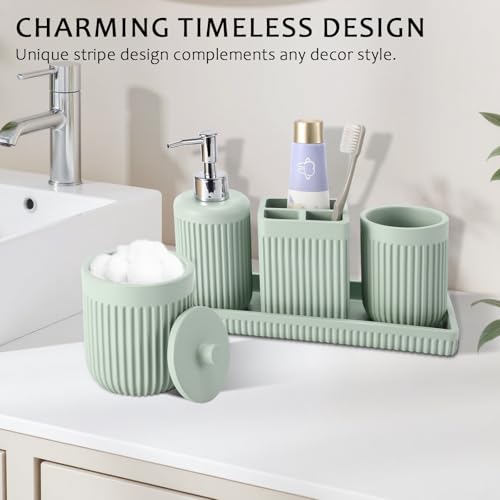 XLHOMO Light Green Bathroom Sets with Shower Curtain and Rugs, 8-Piece Resin Bathroom Accessories Sets Complete, Soap Dispenser, Toothbrush Holder, Tumbler, Tray & Apothecary Jars Bathroom Essentials - color: Green, size: Resin Bath Set Complete