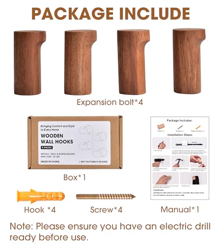 Acacia Wood Wall Hooks, 4 Pack Heavy Duty Coat Hooks – Farmhouse Rustic Entryway & Bathroom Hooks for Hats, Towels, Bags, Clothes, Fits Drywall - color: Acacia Wood, size: Straight 4-Pcs