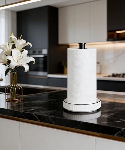 Paper Towel Holder, Ceramic Heavy Plate Base Wobble-Free, Roll Stand-Wh-bk | Effortless Cleaning and Easy to Assemble, Super Large for Triple Rolls, High End Looking as a Good Gift for Kitchen Island - color: Farmhouse White