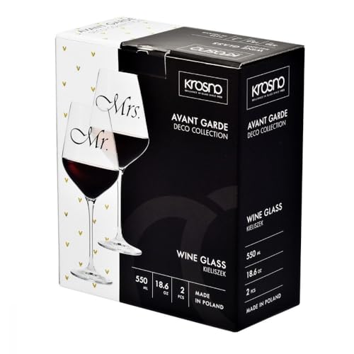 Krosno Mr & Mrs Wine Glasses, Set of 2, 18.6 oz, Avant-Garde Collection, Crystal Glass, Ideal Wedding Gift, Dishwasher Safe, Made in Europe - size: 18.6 oz