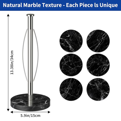 YIGII Heavy Marble Base Paper Towel Holder Countertop - Standing Paper Towel Roll Holder with Black Weighted Base, Gold Papertowel Holder for Kitchen - style: Silver & Black Marble
