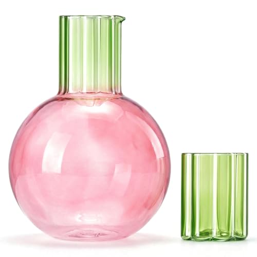 Cute Wave Flower Glass Carafe Bedside Water Pitcher & Cup Set - 44oz Handblown Round Pink Cherry Pitcher with 6.8oz Glass Green Flower Tumbler - Aesthetic Unique Fruit Glassware for Juice Wine & Water