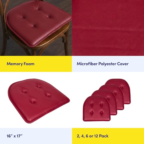 Sweet Home Collection Chair Cushion Memory Foam Pads Tufted Slip Non Skid Rubber Back U-Shaped 17" x 16" Seat Cover, 2 Count (Pack of 1), Faux Leather Burgundy Red - color: Faux Leather Burgundy Red, size: 2 Pack, style: Foam Pads