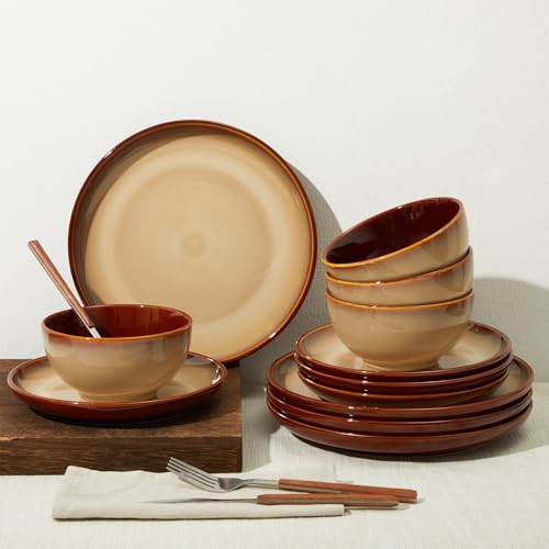 Ceramic Dinnerware Sets for 4, 12pcs Plates and Bowls Sets Dish Set | Stoneware Dishware sets, Microwave & Dishwasher Safe, Cereal Bowls and Dinner Plates Set, Stackable Dishes Set, Brown Yellow - color: Brown Yellow, size: Set (12pcs)