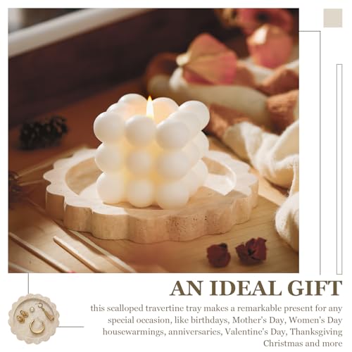 5.5 Inch Small Travertine Stone Tray Marble Jewelry Dish Trinket Tray for Women, Perfume, Coffee Table(Round,Scallop) - style: Round,Scallop