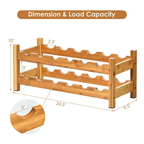 HAPPYGRILL Wine Rack, Free Standing 12 Bottles 2-Tier Wine Display Rack, Bamboo Wine Storage Rack Countertop, Natural Wine Bottle Holder Shelf for Bar, Home, Kitchen, Pantry - color: Nature