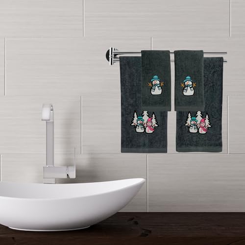 Luxury Holiday Christmas Hand Towels, Embroidered Snowmen, Forest Trees, Velour Terry Cotton, Grey, Set of 2 - color: Charcoal Grey