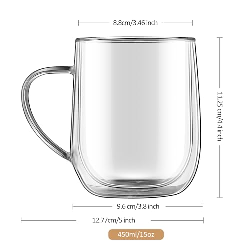 Joeyan Large Clear Double Walled Glass Coffee Mugs 15 oz, Double Layer Tea Latte Cappuccino Cups with Handle, Double Lined Insulated High Borosilicate Glassware for Milk and Hot Beverages, Set of 2 - color: 400ml-Clear with handle