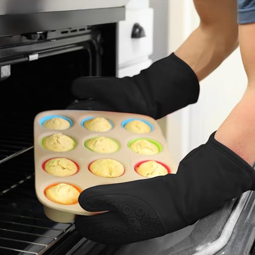 BPA-Free Silicone Oven Mitts Ultra Heat Resistant up to 500°F - Oven Mitts with Thick Cotton Liner - Long Slip Resistant Pot Holders, Flexible Oven Gloves - Black 13.7" - color: Black, size: 2-Piece 13.7" Oven Mitts