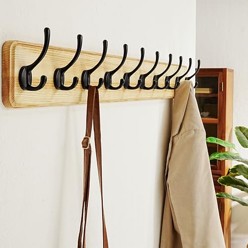 Coat Rack Wall: 38-1/4" Long, Patented, Heavy-Duty, 10-Double-Hooks Wooden Wall Mounted Coat Rack Coat Hanger Hook Rail for Winter Coats Hat Jacket Clothing, Light Brown, Pack of 2 - color: Light Brown & Black, size: L=38.3"(2pcs)