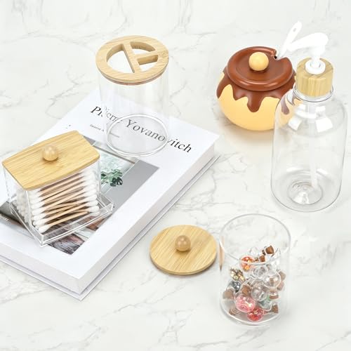Bamboo Bathroom Accessories Set 4 Pcs, 1 Qtip Holder,1 Soap Dispenser, 1 Toothbrush Holder, 1 Cotton Swab/Ball/Pad Container