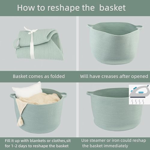 XUANGUO Extra Large Cotton Rope Round Storage Basket 22" x 14" Light Green | Woven basket for blankets, toys, towels, laundry, nursery, living room and pet toy storage. - color: light green