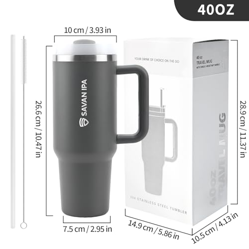 Insulated Tumbler, Gray, 40 oz | Stainless Steel Vacuum, Handle and Straw, Leak Resistant Lid, Fits Car Cup Holder - color: CHARCOL, size: 40 oz