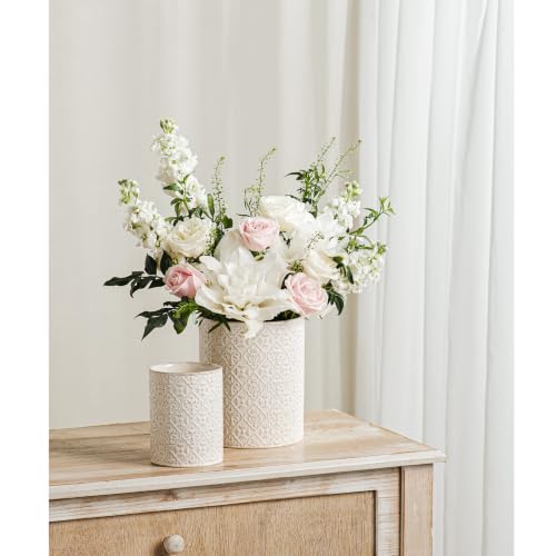 Utensil Holder Set of 2, 7.3”+5.2”Ceramic Utensil Crock Organizer | Farmhouse Countertop Storage, Embossed Pattern - color: Off-White Set of 2