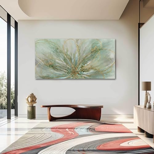 YJYart Abstract Wall Art Green and Gold Hand Painted Oil Painting Blossom Botanical Large Picture for Living Room Bedroom Kitchen Office 30x60 Inch - color: Green, size: 58"L x 29"W
