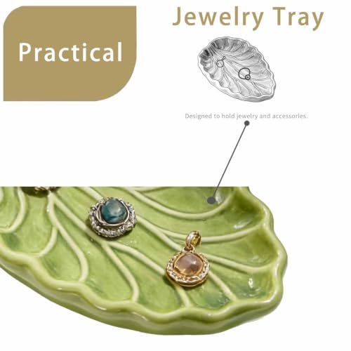 Nature Inspired Ceramic Jewelry Tray, 15 x 10 cm Green Catchall for Earrings Vanity Dresser Entryway Table Ac