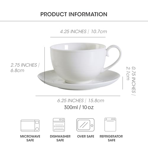 10OZ Porcelain Cappuccino Cups with Saucers, Ceramic Espresso Cups Set, White Coffee Cup and Saucer, White Tea Cup Set, Dishwasher & Microwave Safe, Gift for Anniversary or Housewarming (4PCS) 
