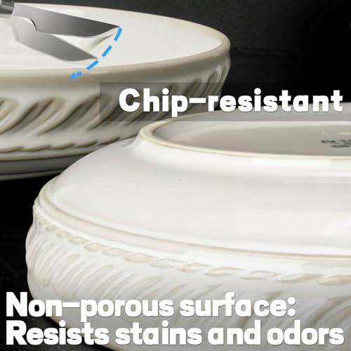 Pasta Bowls, 50oz Large Salad Serving Bowls, 9.75'' Plates Bowls Set of 4, Big White Ceramic Soup Bowls for Kitchen, Embossment Shallow Dinner Bowl, Microwave Dishwasher Safe, Willow Leaf - color: White (Willow Leaf)