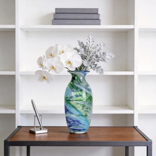 Hand Blown Glass vase, Blue Green Wide Mouth vase, Contemporary Glass Art Suitable for Display on Living Room Dining Tables, in Offices, bathrooms, Coffee Tables and hallways. - color: B-blue Veins