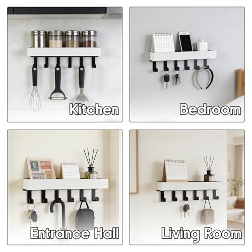 Key Holder Wall Mount with 6 Hooks, Drilling Key Holder for Wall with Wooden Tray, Multifunctional Key Rack with Mail Organizer for Entryway Living Room(White) - color: White