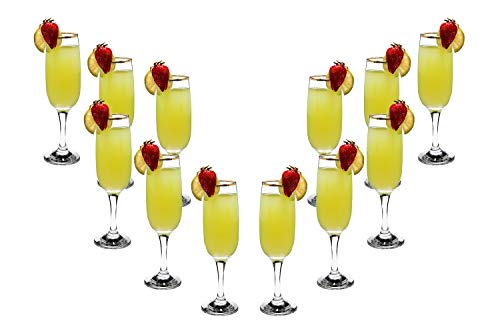 Elegant Flute Stemware, 8 Ounce - Set of 12, Champagne Glass with Gold Rim - Crystal Clear Drinking Glass for Red Wine, Cocktails and Other Beverages - For Home and Bar