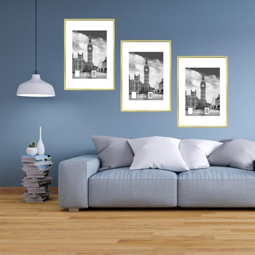 GOmaize Front Loading Aluminum alloy Gold Picture Frame A4 Set of 3 Wall and Table Mounting - color: Gold, size: A4