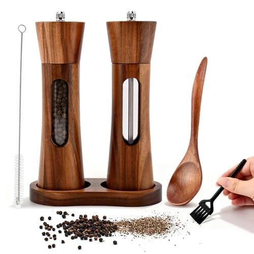 2Pack Wooden Salt and Pepper Grinder Set, 8-Inch Refillable Manual Salt and Pepper Mills with Clear View Window, Wood Shakers with Ceramic Grinder & Wooden Stand, Adjustable Coarseness