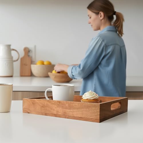 Premium Acacia Wooden Serving Tray with Handles Decorative Serving Trays Platter for Breakfast in Bed, Lunch, Dinner, Appetizers, Patio, Ottoman, Coffee Table | 14’’ x 10’’ x 2’’
