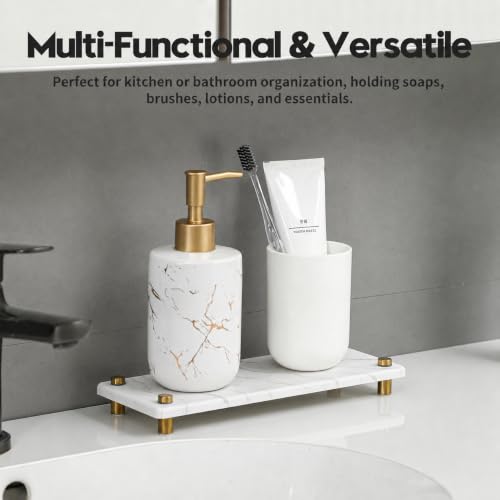 White Marble Pattern Style Water Absorbing Stone Sink Caddy, Bathroom & Kitchen Counter Organizer Tray, Faucet Drying Mat Soap Dish Rack Riser Dispenser Sponge Holder, Gold Metal Feet, 10" x 4" - color: 10"x 4" - Marble Pattern - Gold