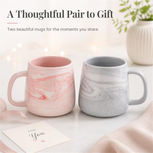 Ceramic Coffee Mug Set of 2, Gray and Pink Marble Pattern Procelain Couple Mugs, Stoneware Matching Cups, Dishwasher Safe, Microwave Safe, 13 oz - color: 12 oz-Pink&Gray