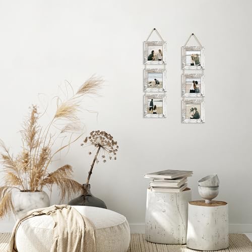4x4 Collage Picture Frames Set of 2, Rustic Wooden Real Glass Vertical Hanging 3 Opening 4 by 4 Photo Frame, Distressed White - color: Distressed White, size: Vertical-4x4 in