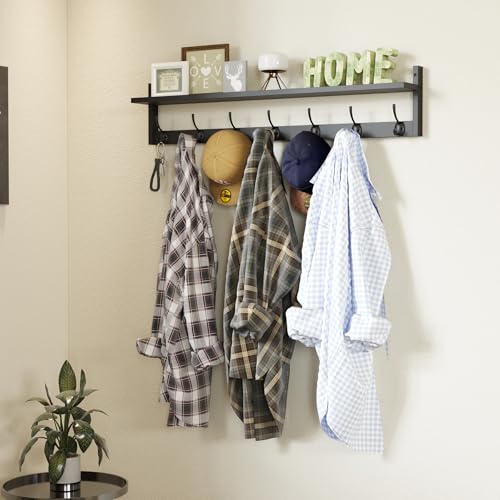 BAMEOS Wall Hooks with Shelf 35 Inch Length Entryway Hanging Shelf Wood Coat Hooks Wall-Mounted Coat Hook Rack with 7 Dual Hooks for Bathroom, Living Room, Bedroom (Black) - style: Black-35IN with shelf