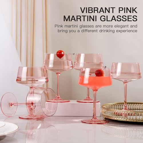 JOVGANK Pink Martini Glasses Set of 6 – 13oz Lead-Free Crystal Glass, Hand-Blown Classic Champagne & Cocktail Luxury Cups, Elegant Glassware for Party Home Bar Wedding Gift for Ice Cream Dessert - color: Classic-Pink