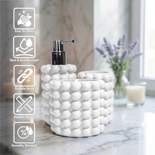 Better Trends Bathroom Accessories Set 3 Pieces Resin Bubble Textured Soap Dispenser, Toothbrush Holder & Tumbler for Vanity, Kitchen Sink & Countertop Organization White Nova Collection - color: White