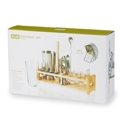 True 20-Piece Cocktail Shaker Bar Set with Wooden Stand Includes Boston Shaker, Mixing Glass, Muddler, Jigger, Strainer, Bartender Kit for Mixed Drinks, Cold Brew Cocktails, Home Bar Tools - size: 20-Piece