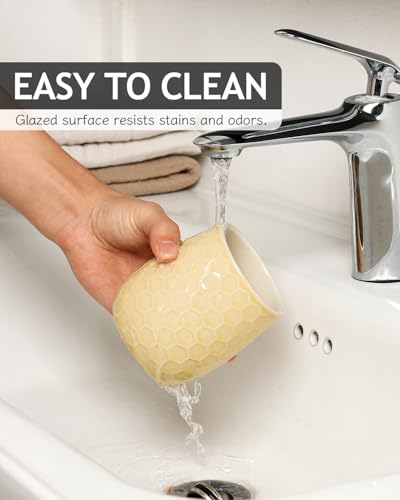Toothbrush Holder, Tooth Brush Holder for Bathroom - Ceramic Toothbrush Cup Toothbrush Holders Countertop, Ice Cracks Yellow Makeup Brush Holder Pen Holder, 3.62" x 3.62" x 3.93", ANTIS'S HOME - color: Ice Crack Yellow, size: Honeycomb