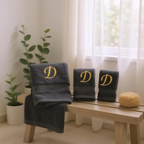 Monogrammed Bath, Hand, Washcloth Cotton Towel Set, Personalized Gift 3Pc-D - color: Black & Gold, size: Initial D