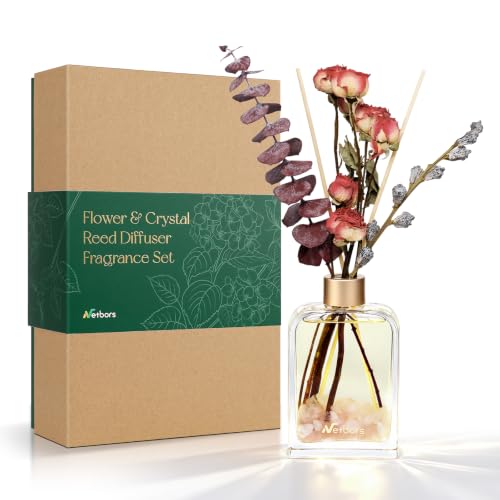 Reed Diffuser Home Fragrance Set 6oz with Real Dried Flowers & Natural Crystal Stones for Positive Energy – DIY Aromatherapy Gift, Safe for Kids and Pets (Rose Veil)