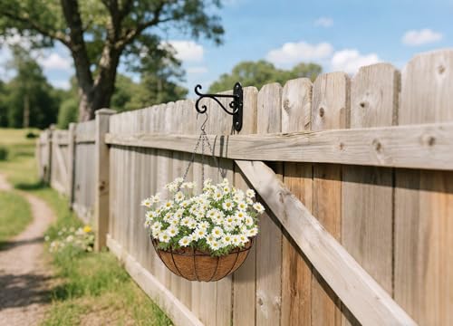 6 Pack 12 inch Metal Hanging Baskets for Plants, Round Metal Wire Hanging Basket Planter with Coco Fiber Liners Chain for Garden Home Porch Patio, Flower Border - size: 12" x 6 Pack, style: Flower Border