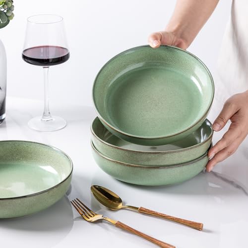 GBhome 8.75'' Large Ceramic Pasta Bowls, 38oz Stoneware Pasta Serving Bowls Set of 4 for Kitchen, Wide Bowls for Fruit,Pasta,Salad,Oatmeal,Meal, Microwave Safe, Reactive Glaze-Pastel Green - color: Pastel Green