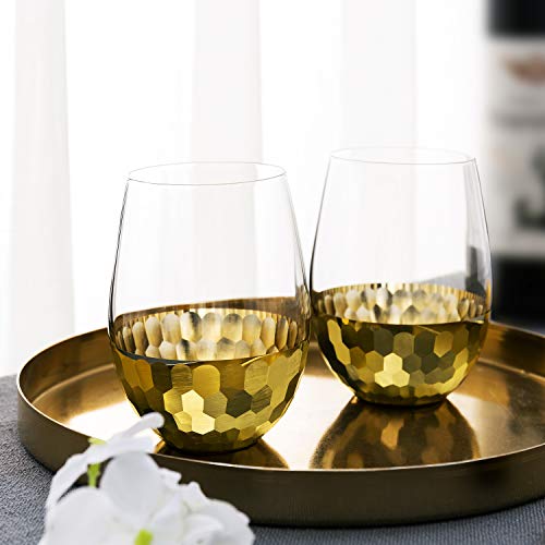 MyGift Modern Stemless Champagne Flute Glass Set of 4 Party Drinkware, Cocktails Prosecco Mimosa Glasses with Hammered Brass Plated Bottoms (Brass-Short) - color: Brass-Short