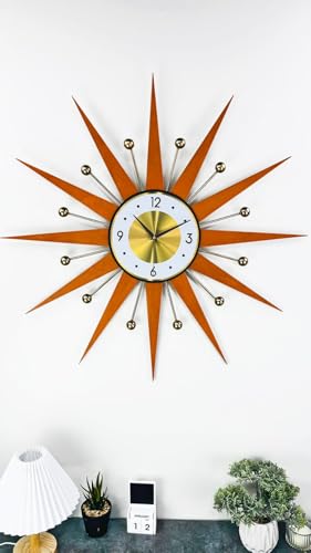 30" 27" 25" Burnt Orange Atomic Wall Clock Starburst Clock Brass Gold Large Clock Vintage Modern Industrial Clock (Brown,25in)